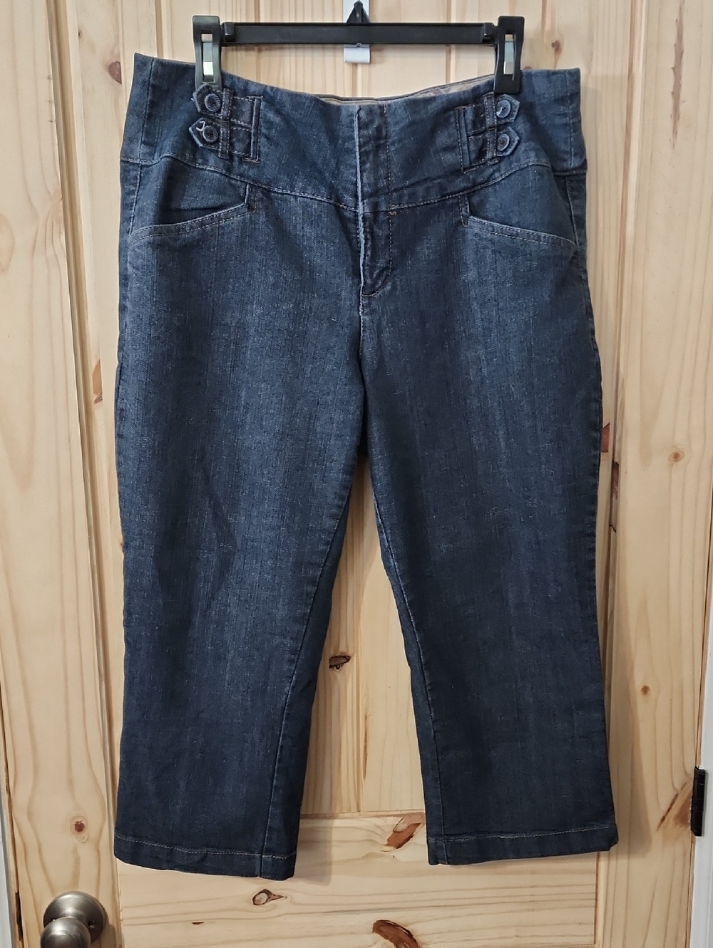 one 5 one Dark Blue Cropped Denim Capri Jeans with Hook Tab Waist